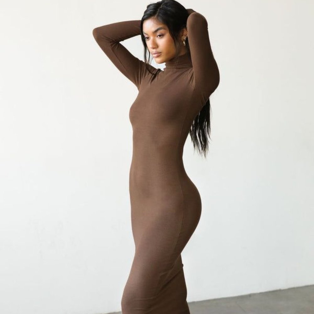 Joah Brown Mock Neck Midi Dress taupe brown flexrib
